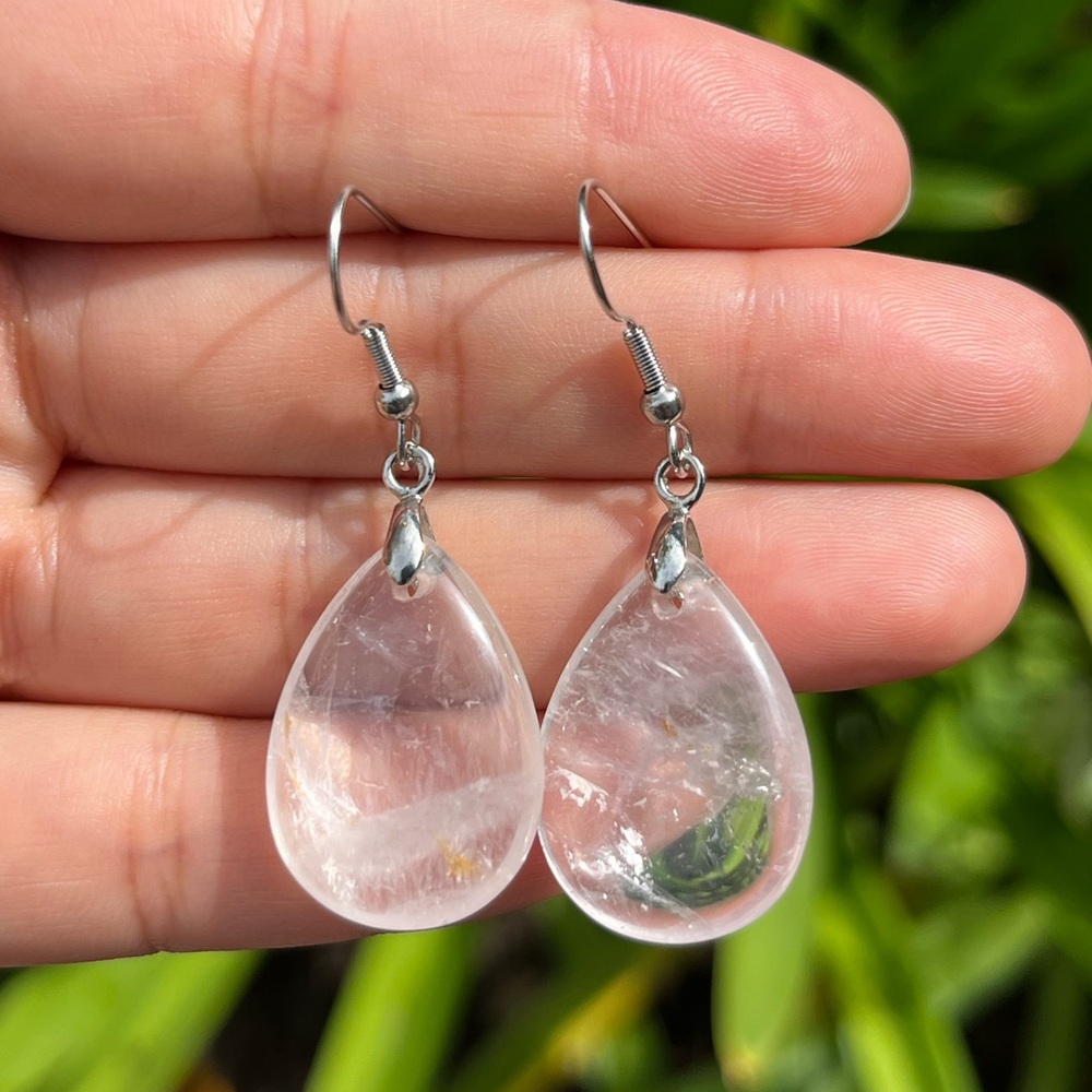 Stainless steel clear rose quartz drop earrings